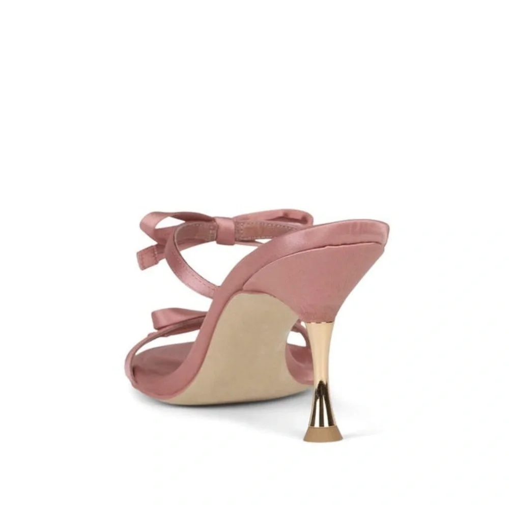 Jeffrey Campbell Bow Bow Pink Blush Satin Heeled Sandals Gold Heel Size 9.5 New